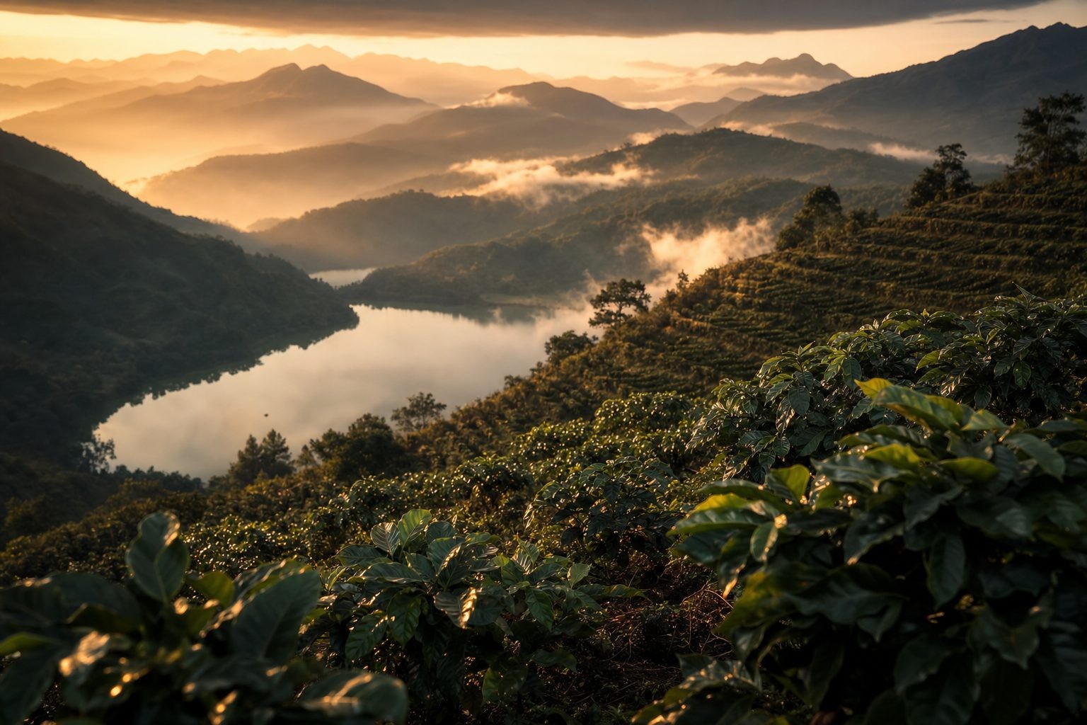 Sunrise over the Gayo highlands coffee-growing valley in Sumatra, Indonesia